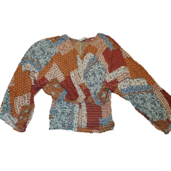 143 Story Patchwork Peasant Top, Elastic Waist, Long Sleeve, S - Picture 1 of 11